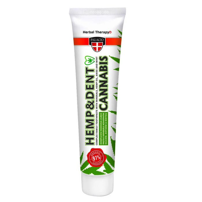 75g tube of Palacio Hemp & Dent Cannabis Toothpaste for sensitive teeth and natural enamel support.