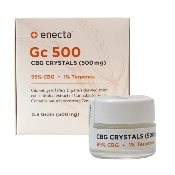 Enecta GC500 Botanical Isolate Powder container showing pure terpene-infused crystalline extract