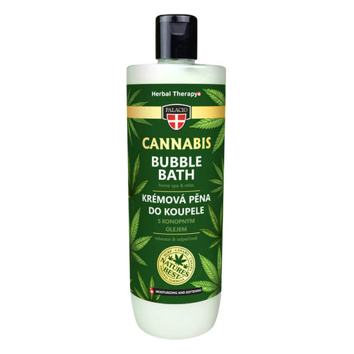 Palacio Cannabis Bath Foam 500ml bottle with rich bubbles and hemp oil for a relaxing spa experience.