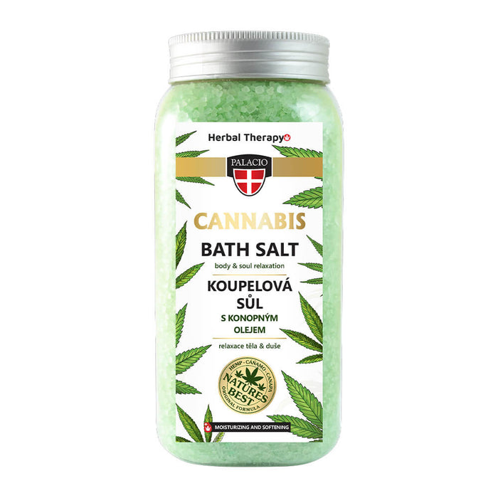 900g tub of Palacio Cannabis Dead Sea Bath Salts with premium hemp oil for muscle recovery and skin detox