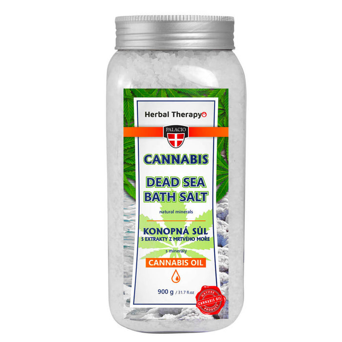 Large 900g tub of Palacio Cannabis Dead Sea Bath Salts for therapeutic soaking and skin softening