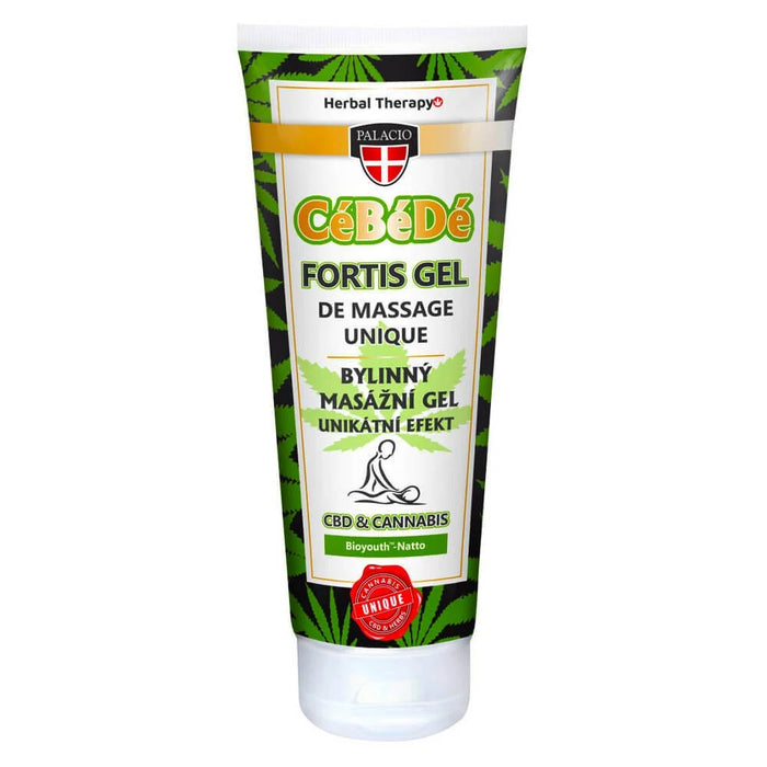 200ml bottle of Palacio CéBéDé Fortis Bioyouth Massage Gel with CBD and natural collagen for muscle recovery.