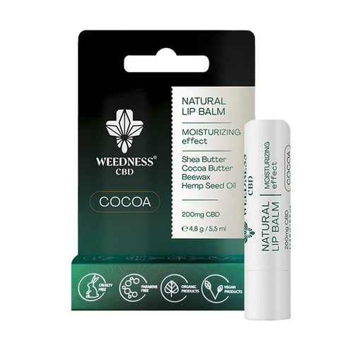 4.8g Weedness CBD Cocoa Lip Balm with 200mg CBD for anti-aging and sun protection.