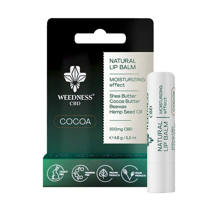 4.8g Weedness CBD Cocoa Lip Balm with 200mg CBD for anti-aging and sun protection.