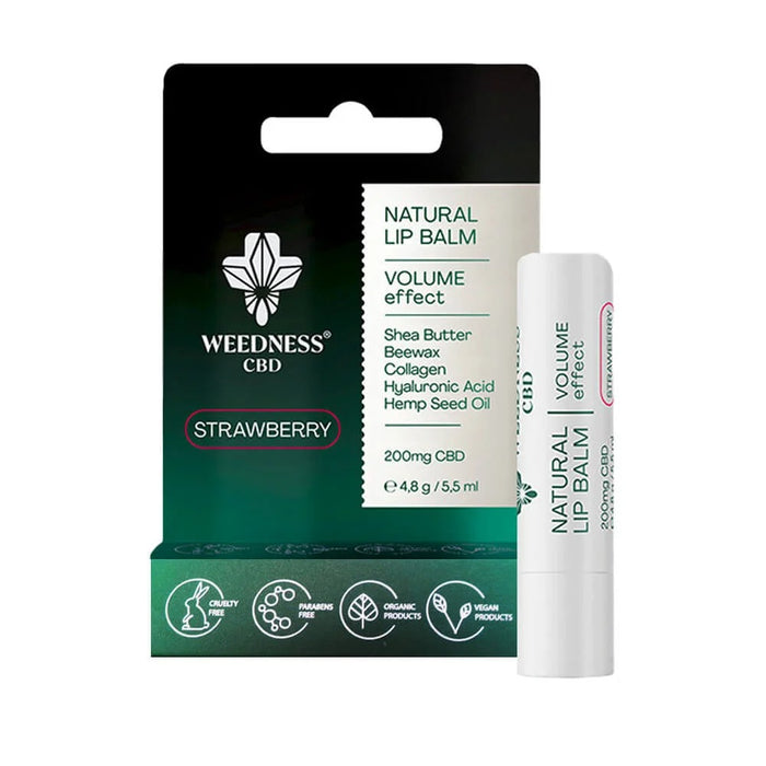 4.8g Weedness CBD Strawberry Lip Balm with volume effect, hyaluronic acid, and 200mg CBD for plumper lips.